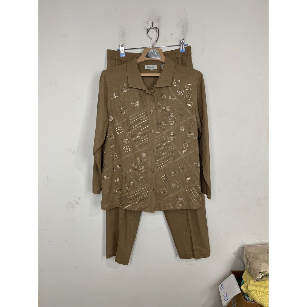 Vicki Wayne Womens 10 Linen Blend‎ Pant Set Tan Embroidered Button Shirt 2 Piece